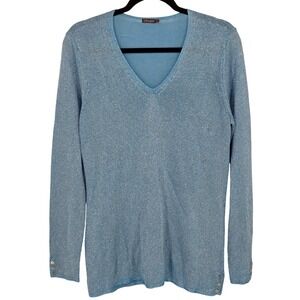 J.McLaughlin Women's Large Metallic Knit Top Sparkle V-Neck Long Sleeve Blue
